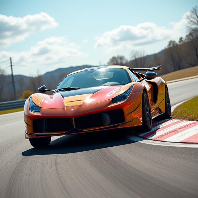 Auto sportiva altamente modificata in azione su un cordolo di una pista da corsa