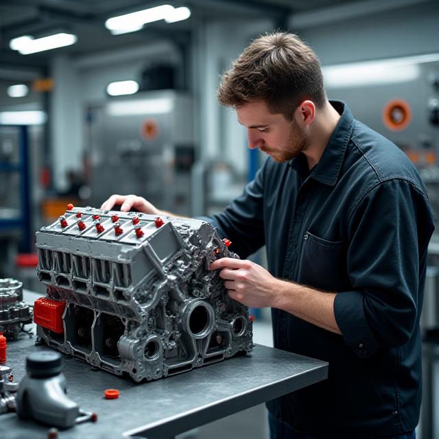 Tecnico specializzato che lavora su un motore V8 con attrezzi all'avanguardia