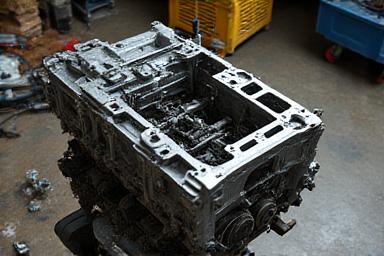 Motore d'auto smontato su un banco da lavoro