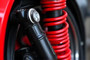 Dettaglio di una sospensione sportiva regolabile di colore rosso