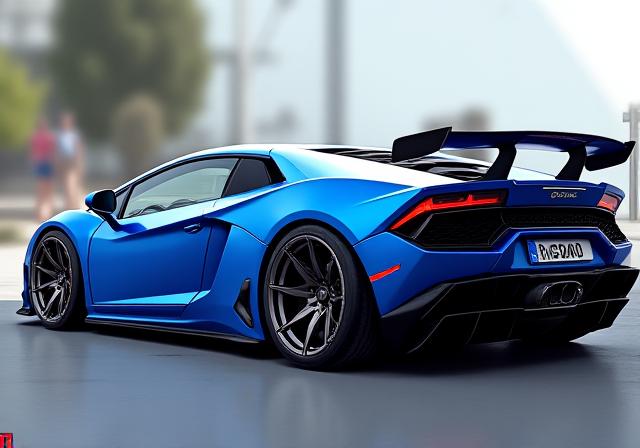 Supercar blu con assetto ribassato e cerchi sportivi, vista laterale